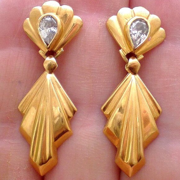 Vintage European Italy 14K Yellow Gold Tear Drop CZ Dangle Pierced Earrings - Picture 3 of 4